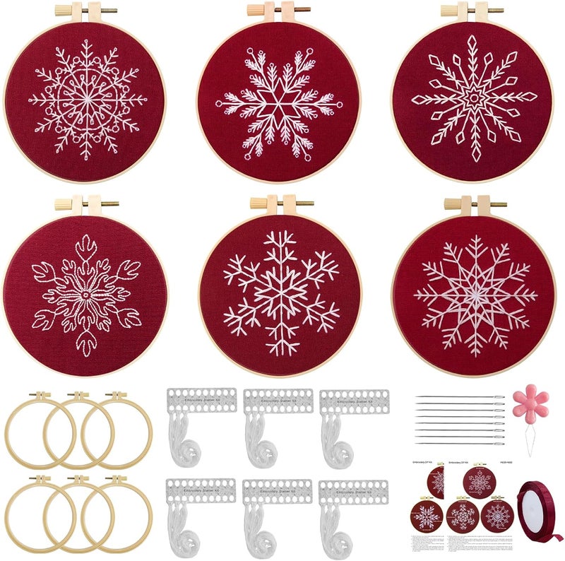 CMINAUS 6 Sets Christmas Embroidery kit for Beginners Adults, Antique Red Christmas Ornament Kit Snowflakes Needlepoint Cross Stitch Kits with Patterns, Stitch Learning Kit with Needles Ropes Ribbon-Red - Image 1